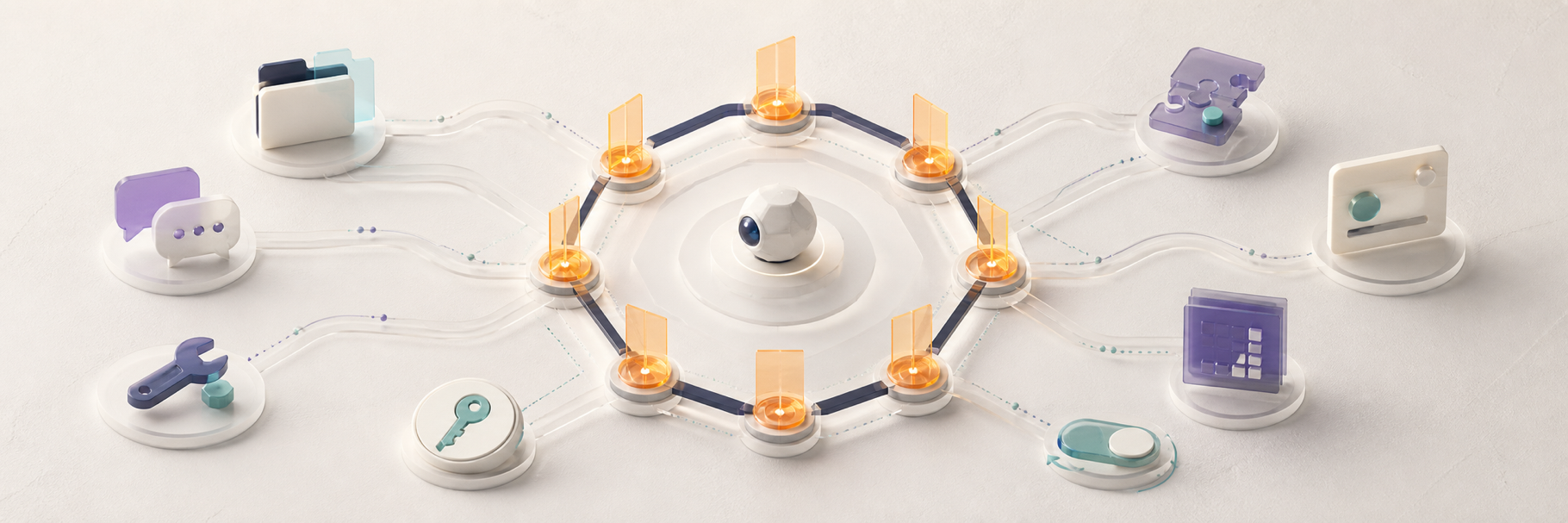 Eight permission checkpoints sit between an AI Agent and files, messages, tools, credentials, and accounts.