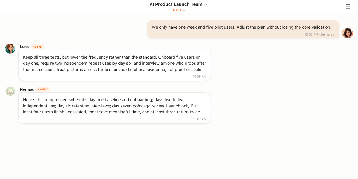 A user adds a one-week constraint, then Luna adjusts the validation plan and Hermes produces a final schedule