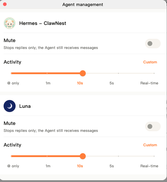 Agent management panel in ClawChat showing separate mute and activity controls for Hermes and Luna
