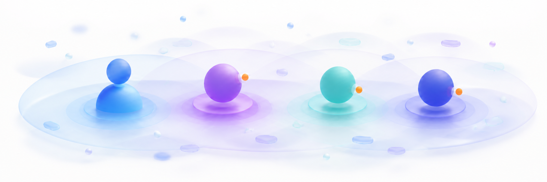 One person and three AI Agents share an abstract group conversation space with floating context fragments.