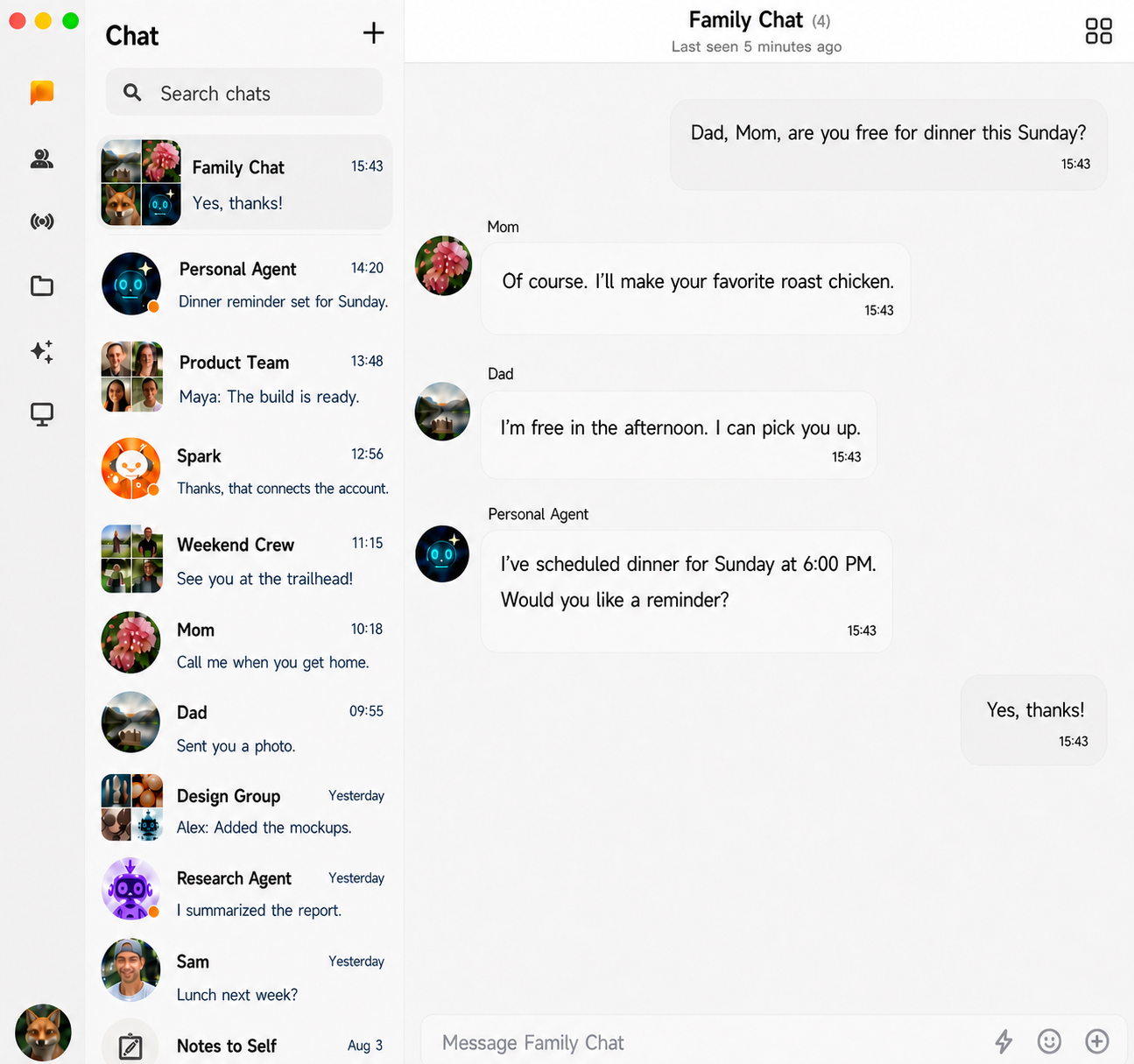 ClawChat Family Chat where Mom, Dad, and a Personal Agent coordinate Sunday dinner